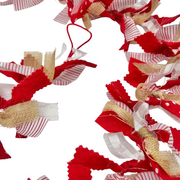Handcrafted 68" Garland Red White and Brown Burlap and Fabric Hanging Rope Ends - Picture 3 of 5